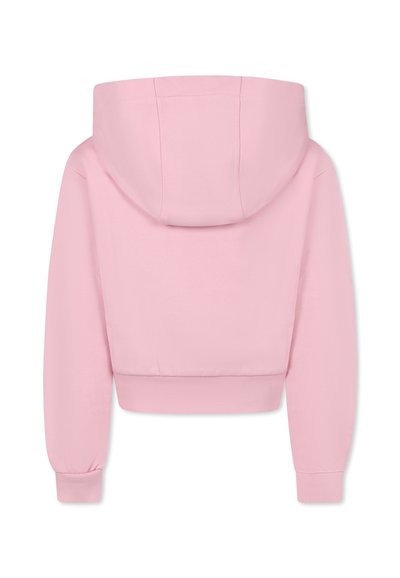 Felpa corta rosa chiaro in tessuto texture, con cappuccio arrotondato, polsini a costine e vita piatta.