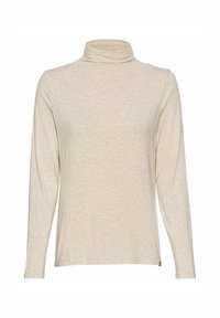 Beige Langarm-Turtleneck aus weichem, strukturiertem Stoff mit schmaler Passform und minimalistisches Design. Keine auffälligen Muster oder Hardware.