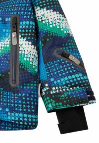 Mehrfarbige Jacke mit einem Spritzmuster in Grün, Blau und Schwarz; mit Reißverschlusstaschen und elastischem Bündchen mit glatter Oberfläche.