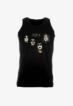 Top senza maniche di colore nero, con quattro volti stilizzati truccati, marchiato "KISS," abbellito da strass in un design grafico.