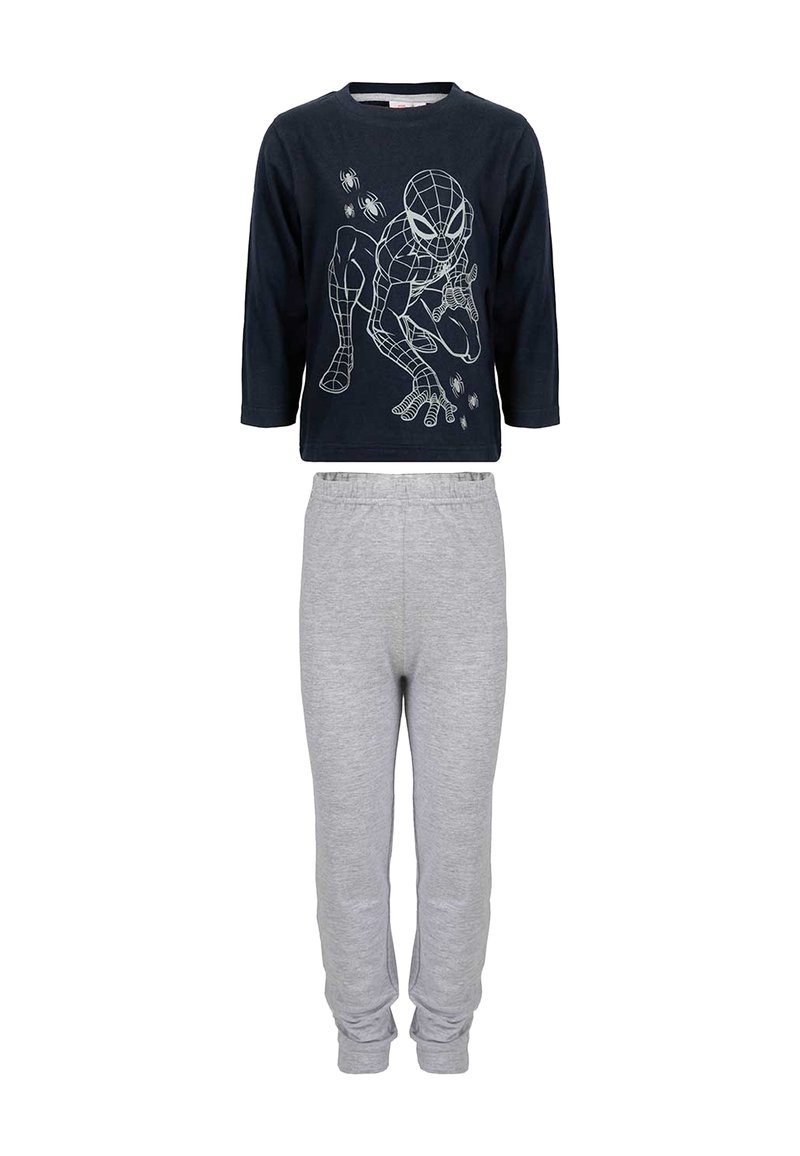 Marineblaue Langarmoberteile mit weißem Spider-Man-Graphic; graue Baumwoll-Sweatpants mit elastischem Bund und Bündchen an den Fußenden.