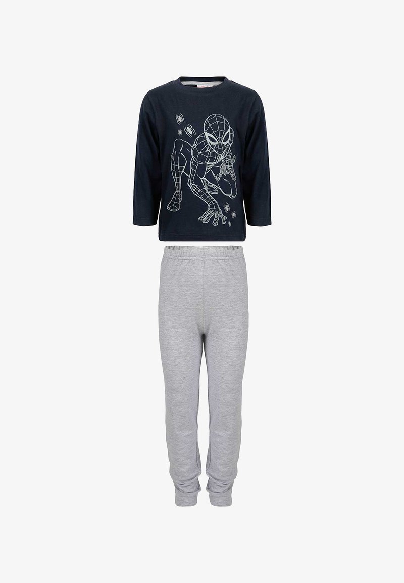 Marineblaue Langarmoberteile mit weißem Spider-Man-Graphic; graue Baumwoll-Sweatpants mit elastischem Bund und Bündchen an den Fußenden.