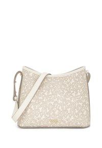 Bolso beige con un patrón texturizado, que cuenta con una correa de cuero suave y herrajes en tono dorado. El nombre de la marca "TOUS" aparece en la parte frontal.