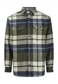 Groene en marineblauwe geruite shirt gemaakt van zachte flanel met een knoopsluiting aan de voorkant, twee borstzakken en lange mouwen.