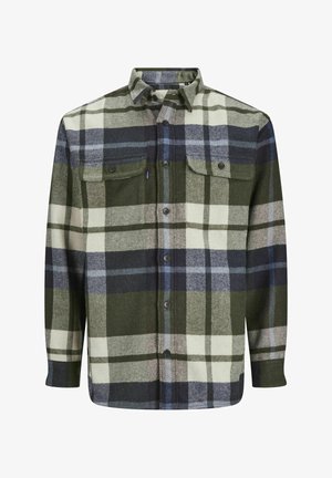 Camicia a quadri verde e blu navy realizzata in morbido flanella, con chiusura a bottoni, due tasche sul petto e maniche lunghe.