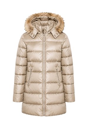 Cappotto invernale imbottito beige con zip frontale, due tasche con zip e cappuccio rifinito con pelliccia sintetica marrone chiaro.