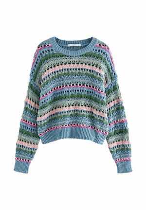 Häkelpullover mit lässiger Passform, der horizontale Streifen in Blau, Grün, Pink und Beige aufweist. Welliges Texturmuster und gerippte Bündchen.