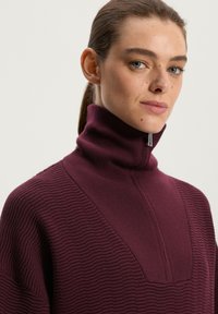 Pulover burgund cu guler înalt și fermoar până la jumătate, cu un model texturat de tip côtelé în partea superioară din față și mâneci simple.