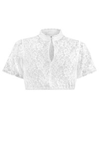 White lace crop top with short sleeves, high neckline, and keyhole front detail. Features a scalloped hem and intricate floral lace pattern.