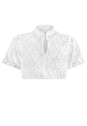 Weißes Spitzen-Crop-Top mit kurzen Ärmeln, hohem Hals und einer Schlüsselloch-Frontdetails. Verfügt über einen gewellten Saum und ein filigranes florales Spitzenmuster.