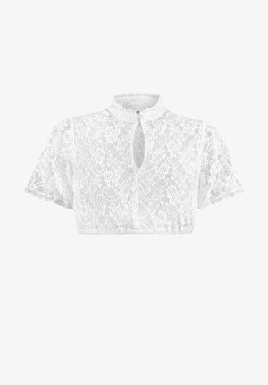 Weißes Spitzen-Crop-Top mit kurzen Ärmeln, hohem Hals und einer Schlüsselloch-Frontdetails. Verfügt über einen gewellten Saum und ein filigranes florales Spitzenmuster.