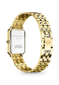 Reloj de mujer Rosefield con caja rectangular de acero inoxidable dorado y pulsera dorada a juego, con un dial blanco y movimiento japonés.