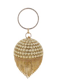 Gouden ronde handtas met kristallen accenten, met een koepelvorm, gelaagd kralenontwerp en een franjerand van gekraalde kwastjes aan de onderkant.