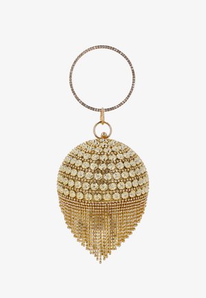 Borsa rotonda dorata con accenti di cristallo, caratterizzata da una forma a cupola, design a strati di perline e una frangia di nappine di perline alla base.