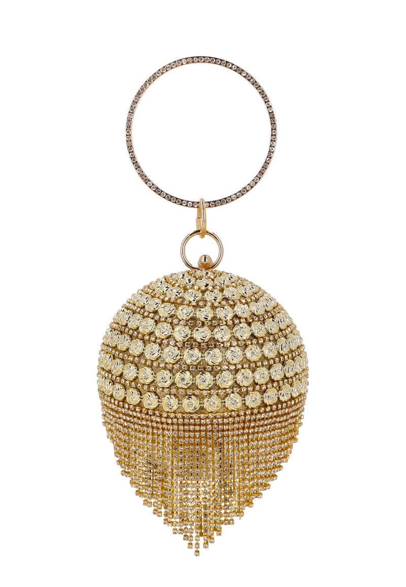 Gouden ronde handtas met kristallen accenten, met een koepelvorm, gelaagd kralenontwerp en een franjerand van gekraalde kwastjes aan de onderkant.