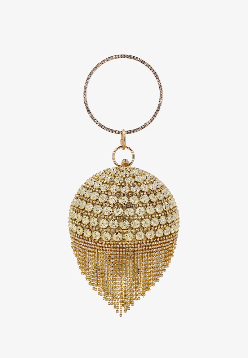 Gouden ronde handtas met kristallen accenten, met een koepelvorm, gelaagd kralenontwerp en een franjerand van gekraalde kwastjes aan de onderkant.