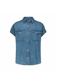 Denim short-sleeve shirt with a collar, featuring two chest pockets and button closure, in a light blue wash with a smooth texture.