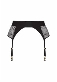 Soutien-gorge noir avec des panneaux latéraux en tulle transparent, des bretelles ajustables et des éléments en métal doré pour l'attache. Texture lisse dans l'ensemble.