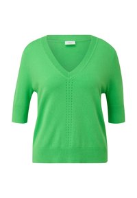 Grüner kurzärmliger V-Ausschnitt-Pullover aus leichtem Strickstoff. Verfügt über vertikale Linienakzente auf der Vorderseite. Einfaches, klassisches Design.