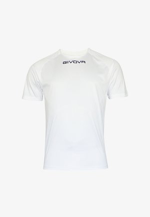 Hvid t-shirt med korte ærmer lavet af åndbart stof med rund halsudskæring. Har et mørkeblåt "GIVOVA" logo på den øverste front.