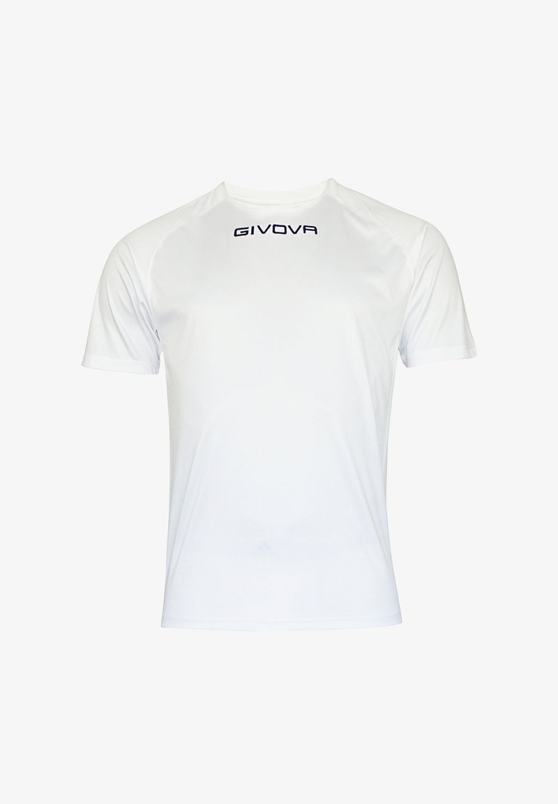 Camiseta blanca de manga corta hecha de una tela transpirable con cuello redondo. Presenta un logo en azul oscuro de "GIVOVA" en la parte superior delantera.
