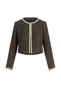 Chaqueta negra cortada hecha de tejido texturizado, con mangas largas y escote redondo. Detallada con un cierre frontal de cuentas y puños.