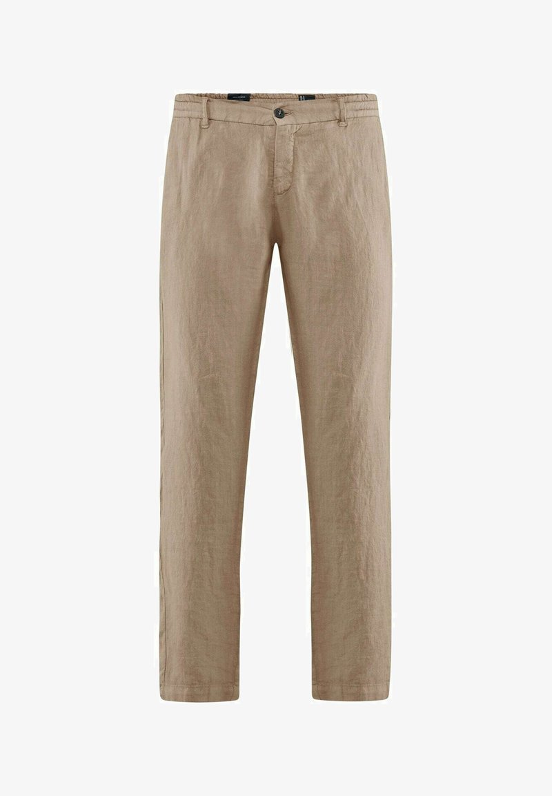 Pantaloni in lino beige con vestibilità dritta, chiusura con bottone e zip, e tasche laterali. Caratterizzati da un tessuto testurizzato e un design rilassato.
