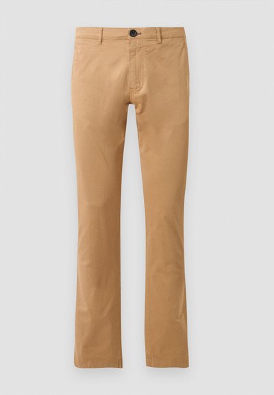 Tan cotton trousers with a straight cut, featuring a front button closure and two side pockets. Smooth texture and no visible patterns.