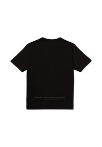 T-shirt nera in cotone con maniche corte, scollatura a girocollo e una stampa di testo sobria sul retro vicino all'orlo. Tessuto morbido e vestibilità comoda.