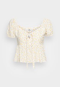 Biała bluzka z krótkim rękawem w kwiatowy wzór w odcieniach żółtego i szarego. Posiada szczegół związywanej przodu oraz peplum w talii. Wykonana z miękkiego, lekkiego materiału.