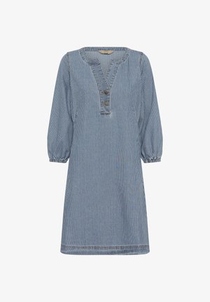 Sinivalkoraidallinen mekko, jossa pehmeä kangas, v-aukko, kolme nappia ja kerätyt pitkät hihat. Keskipitkä ja rento istuvuus.