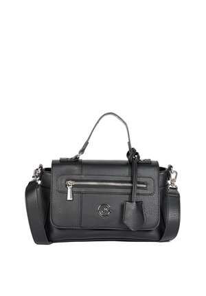 Black textured leather handbag with top handle, front zip pocket, detachable shoulder strap, and silver circular logo emblem.