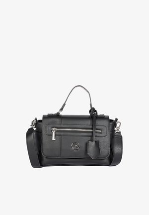 Sac à main en cuir noir texturé avec poignée supérieure, poche zippée à l'avant, bandoulière détachable et logo circulaire argenté.