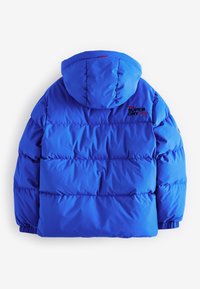 Sinine kapuutsiga puffer-jope, valmistatud siledast, peegeldavast kangast. Disainis on tepitud osad ja ülaosas seljal must logo.