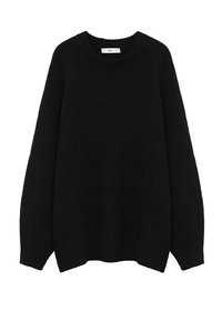 Černý pletený svetr s dlouhým rukávem a kulatým výstřihem, s žebrovanými manžetami, lemem a výstřihem, navržený pro volný střih.