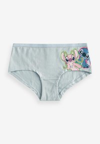 Sous-vêtements en coton bleu clair ornés de personnages imprimés aux grands yeux, l'un rose et l'autre bleu, avec des accents colorés et une texture lisse.