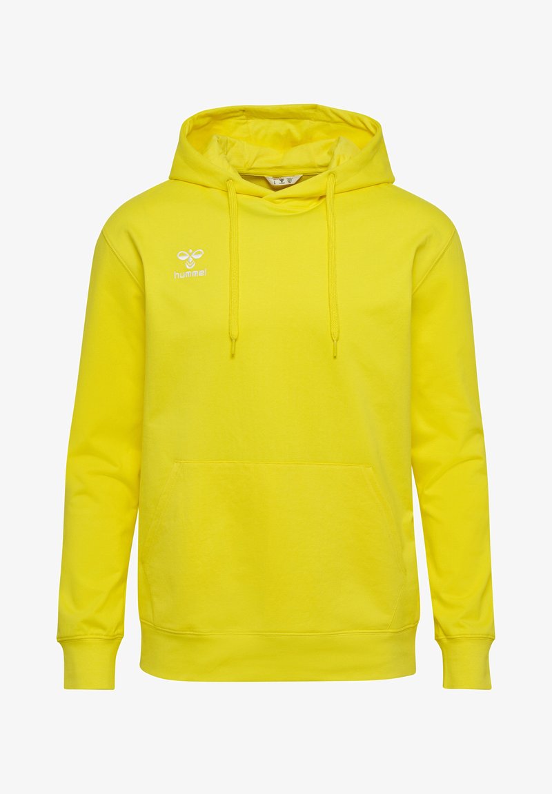 Felpa gialla realizzata in tessuto misto cotone, con tasca a marsupio frontale, cappuccio con cordino e un piccolo logo bianco sul petto.