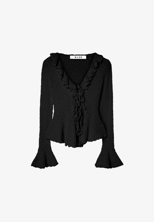 Czarna bluzka z długim rękawem, z falbaniastym dekoltem w kształcie litery V, teksturowanym materiałem, dopasowaną talią oraz rozszerzanymi rękawami. Posiada zapięcie na guziki z przodu.