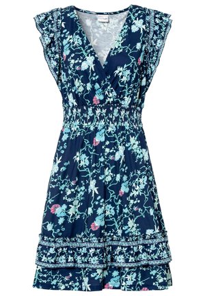 Robe florale navy avec de courtes manches à volants, un décolleté en V, une taille élastique et des accents de volants sur l'ourlet. Présente des motifs de fleurs vertes et roses.