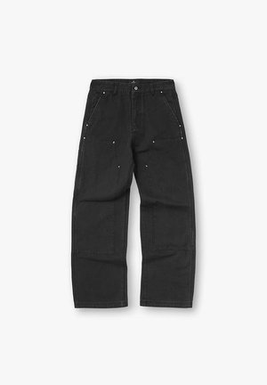 Pantaloni da lavoro neri a gamba dritta con molteplici tasche rinforzate e dettagli con rivetti, chiusura con bottoni e passanti per cintura.