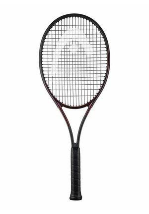 Racchetta da tennis con telaio metallico nero, forma ovale e letto delle corde decorato, dotata di un manico in gomma testurizzato nero.