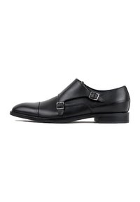 Czarne skórzane buty monk strap z elegancką sylwetką, z klamrami i okrągłym noskiem. Gładka faktura i minimalistyczny design.