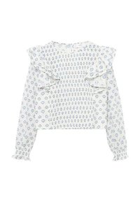 Blusa bianca con motivo floreale blu, maniche arricciate e polsini elasticizzati. Presenta un collo rotondo e tessuto testurizzato.