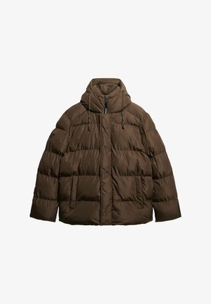 Brown insulated puffer jacket with a high collar, zip front, and drawstring hood. Features large stitched sections and side pockets.