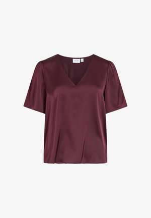 Saténová blúzka s krátkym rukávom v hlbokej bordovej farbe s výstrihom do V a jemným naberaním na pleciach, navrhnutá pre ženy.