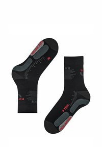 Czarne skarpetki kostkowe z teksturowanymi szarymi akcentami, oznaczone "L" i "R," z wzorami antypoślizgowymi oraz wzmocnionymi piętą i palcami.