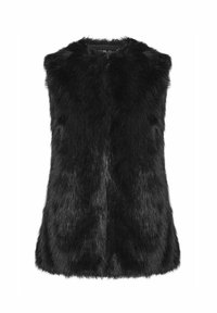 Chaleco de piel sintética negra con cuello alto, diseño sin mangas y textura suave, con un frente liso y un dobladillo ligeramente curvado.