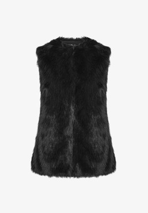 Sorte faux fur vest med høj krave, ærmeløst design og blød tekstur, med en glat front og let buet kant.