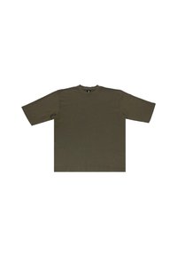 T-shirt verde oliva in cotone, con scollatura rotonda e maniche corte. Vestibilità rilassata con orlo dritto e senza motivi visibili.