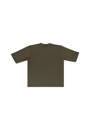 T-shirt verde oliva in cotone, con scollatura rotonda e maniche corte. Vestibilità rilassata con orlo dritto e senza motivi visibili.